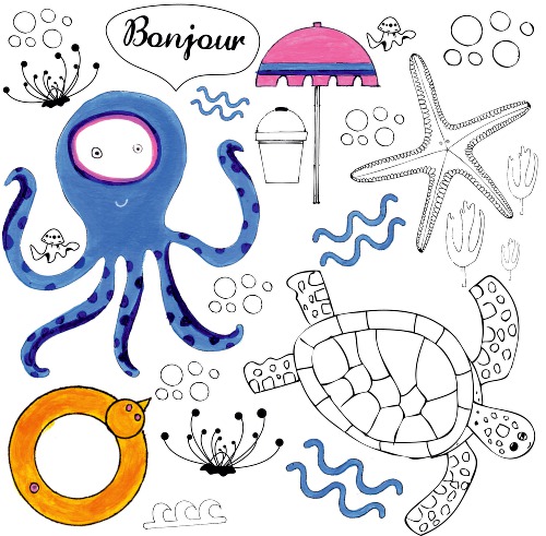 Design: plage, Motif créé à partir d'une toile peinte. Le tissu sera transformé en sac cabas pour faire parti d'une exposition de peinture sur le thème "Bonjour, naturellement"