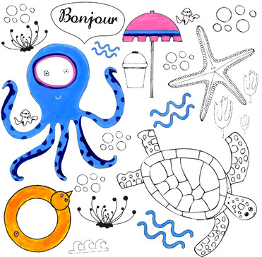 Design: plage, Motif créé à partir d'une toile peinte. Le tissu sera transformé en sac cabas pour faire parti d'une exposition de peinture sur le thème "Bonjour, naturellement"