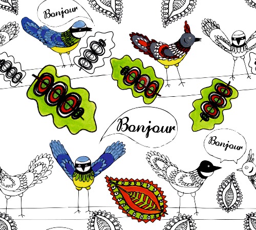 Design: oiseaux, Motif créé à partir d'une toile peinte. Le tissu sera transformé en sac cabas pour faire parti d'une exposition de peinture sur le thème "Bonjour, naturellement"