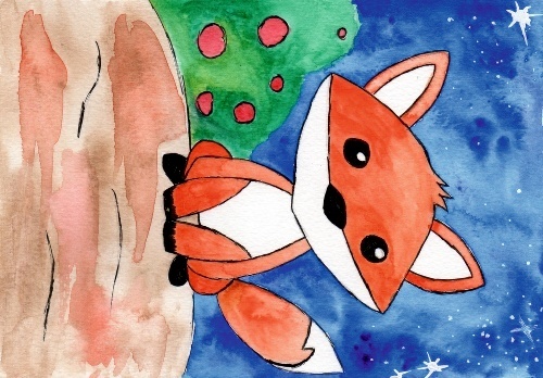 Design: renard sous ciel étoilé, renard sous un ciel étoilé, peint à la main avec la technique de l’aquarelle.Rend très bien en couverture par exemple.