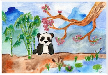 Design: panda de chine, Petit panda dans un paysage asiatique