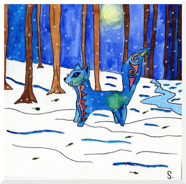 Design: esprit de la lune, esprit de la lune. Un renard bleu perdu dans la neige.