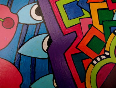 Design: Détail peinture sur bois 3, Détail 3. Fragment polychrome sous forme de photo d'un grand tableau acrylique (180x120) imaginé et peint par mes soins sur une grande table en bois. La table, si vous avez envie d'une vision d'ensemble est visible tant sur mon blog qu'en boutique sur ALM. Réalisation 100 % personnelle. Made by Isami des Couleurs