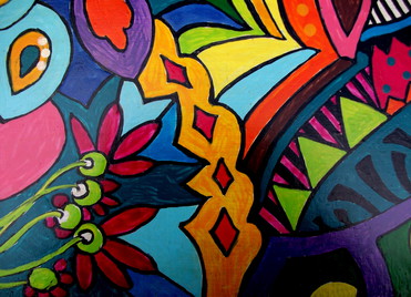 Design: Détail peinture sur bois 5, Détail 5. Fragment polychrome sous forme de photo d'un grand tableau acrylique (180x120) imaginé et peint par mes soins sur une grande table en bois. La table, si vous avez envie d'une vision d'ensemble est visible tant sur mon blog qu'en boutique sur ALM. Réalisation 100 % personnelle. Made by Isami des Couleurs 