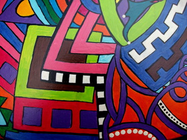 Design: détail peinture sur bois 8, Détail 8. Fragment polychrome sous forme de photo d'un grand tableau acrylique (180x120) imaginé et peint par mes soins sur une grande table en bois. La table, si vous avez envie d'une vision d'ensemble est visible tant sur mon blog qu'en boutique sur ALM. Réalisation 100 % personnelle. Made by Isami des Couleurs 