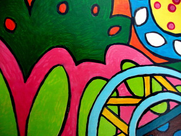 Design: Détail peinture sur bois 13, Détail 13. Fragment polychrome sous forme de photo d'un grand tableau acrylique (180x120) imaginé et peint par mes soins sur une grande table en bois. La table, si vous avez envie d'une vision d'ensemble est visible tant sur mon blog qu'en boutique sur ALM. Réalisation 100 % personnelle. Made by Isami des Couleurs 