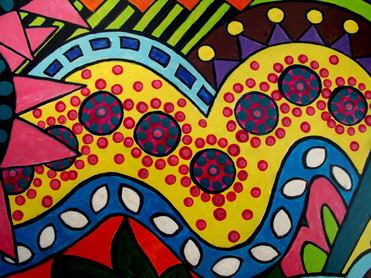 Design: Détail peinture sur bois 14, Détail 14. Fragment polychrome sous forme de photo d'un grand tableau acrylique (180x120) imaginé et peint par mes soins sur une grande table en bois. La table, si vous avez envie d'une vision d'ensemble est visible tant sur mon blog qu'en boutique sur ALM. Réalisation 100 % personnelle. Made by Isami des Couleurs 