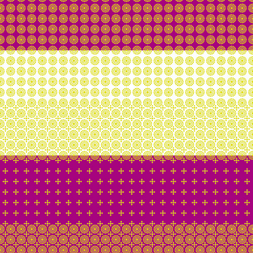 Design: Les rosaces Indy, L'imprimé est composé de petites rosaces jaunes alignées, comme des pois très légers. 
En arrière-plan, des bandeaux (d'un rose chaud et foncé) plus soutenus viennent former de larges rayures.
Les rosaces font environ 1 cm, les rayures environ 18 cm.

La version bleue est nommée "Les rosaces d'Ila"