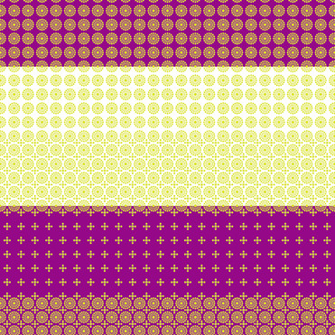 Design: Les rosaces Indy, L'imprimé est composé de petites rosaces jaunes alignées, comme des pois très légers. 
En arrière-plan, des bandeaux (d'un rose chaud et foncé) plus soutenus viennent former de larges rayures.
Les rosaces font environ 1 cm, les rayures environ 18 cm.

La version bleue est nommée "Les rosaces d'Ila"