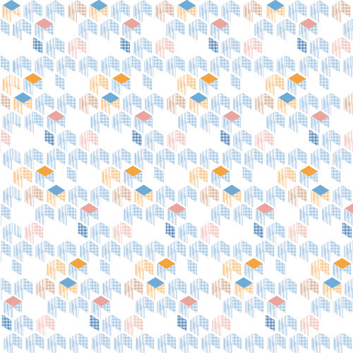 Design: Les hexa d'Ila, Imprimé composé de motifs géométriques. Des hexagones bleu ciel comme des trames de fond, quelques uns orange apportent un rythme. Des losanges de couleurs plus marquées, bleus, orange ajoutent un pétillement dans un ensemble plutôt doux.