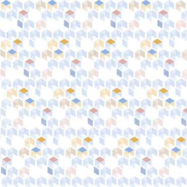 Design: Les hexa d'Ila, Imprimé composé de motifs géométriques. Des hexagones bleu ciel comme des trames de fond, quelques uns orange apportent un rythme. Des losanges de couleurs plus marquées, bleus, orange ajoutent un pétillement dans un ensemble plutôt doux.
