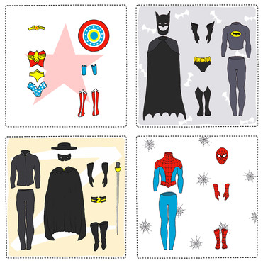 Design: Super Dressing, A quoi reconnait-on un super héro?, à son costume bien sûr. Je vous propose un petit dressing amusant de quatre de nos super héros préférés, sous forme de vignette comme nous jeux d'enfant. A utiliser comme motif seule ou répété, pour ajouter un peu de super et de fantastique!      