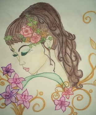 Design: mère  nature, personnage féminin féerique entourée d'arabesques et de fleurs