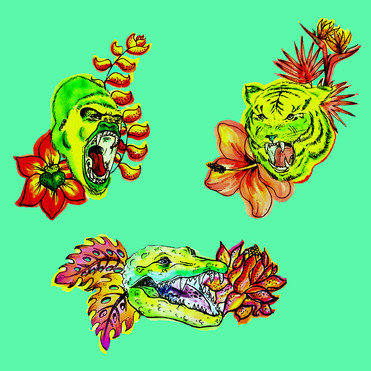 Design: GreenGraou, Des animaux verts tous crocs dehors, des fleurs et feuilles équatoriales  rougies, sur un fond mentholé . Les codes couleurs volent en éclats pour devenir pétillant et flashy..! par ce que c'est bientôt l'été et que l'on ose enfin! <3 