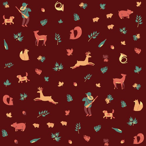 Design: IRL_Bambi, Un motif Bambi, en réalité, avec un chasseur bredouille, une bouteille de vin, un cor, un écureuil, des feuilles, et des petits animaux de la forêt.