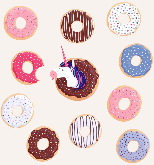 Design: Dave and his donuts, Dave the unicorn and his donuts ! A colorful seamless pattern.
---
Dave la licorne et ses beignets! Un motif gourmand et coloré.