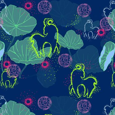 Design: À l'aube de la nouvelle année , Motif poétique et féerique. Une nouvelle année commence par une nouvelle nuit profonde. La délicate rosée du matin se pose sur le feuillage et l'année de la chèvre se dessine en poussières d'étoiles tel un rêve. Motif gagnant du concours "Nouvel An Chinois 2015".  En vente sur ce site, ce tissu est imprimé en France, via un processus éco-responsable.