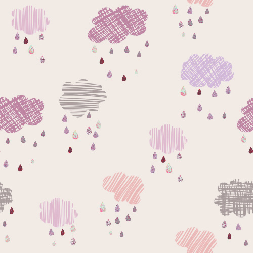 Design: nuages fille, Joli motif nuages et gouttes de pluie, dans des tons très féminins de rose poudré, violine, gris, le tout sur un fond beige. Idéal pour toutes créations pour petites filles ou bébé!